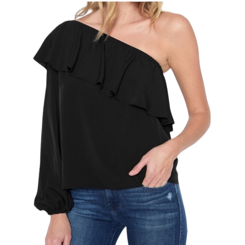 NWT 7 For All Mankind Women’s Black One Shoulder Ruffle Blouse Size XS